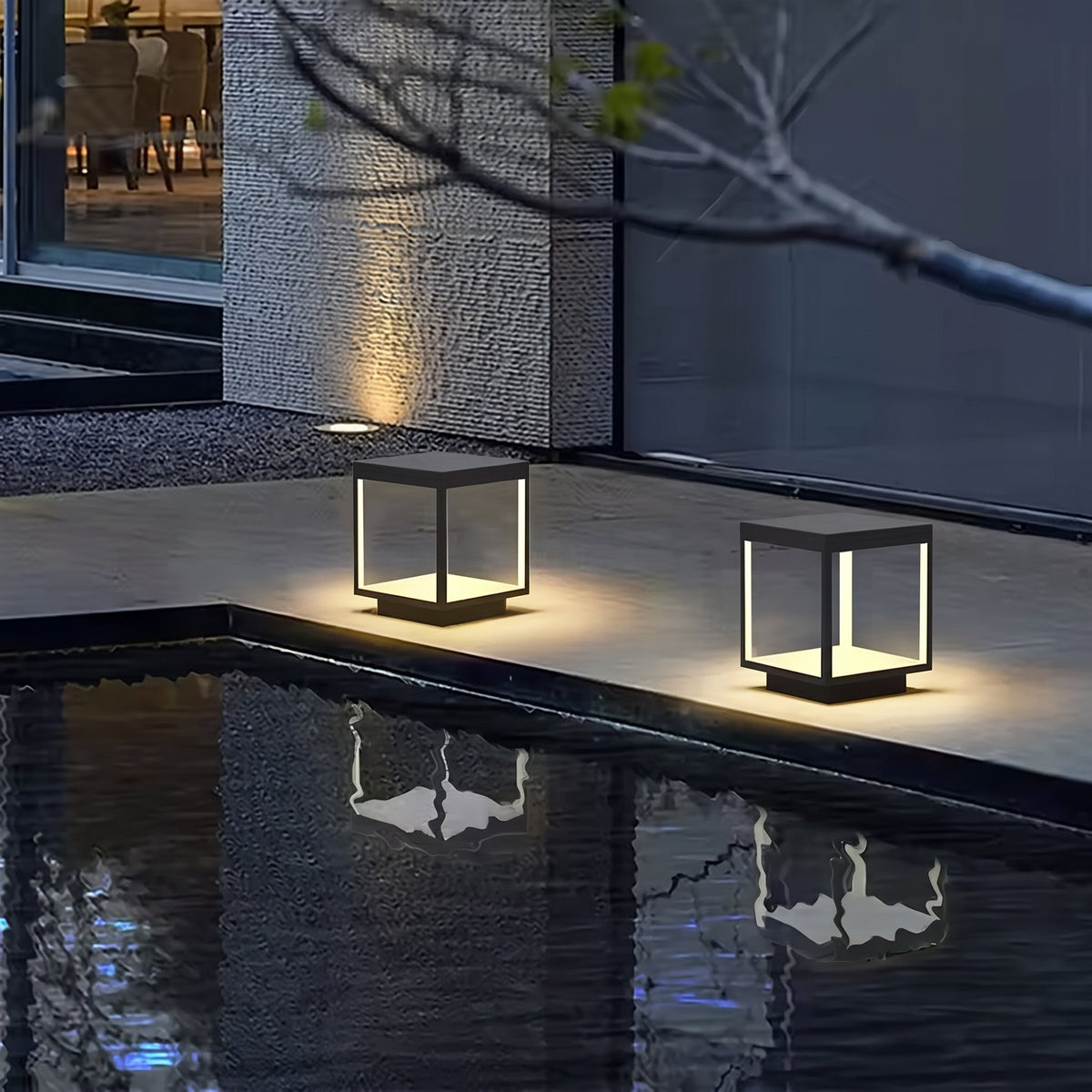 Frame Cube Pillar Light — lifestyle, reflecting pool terrace