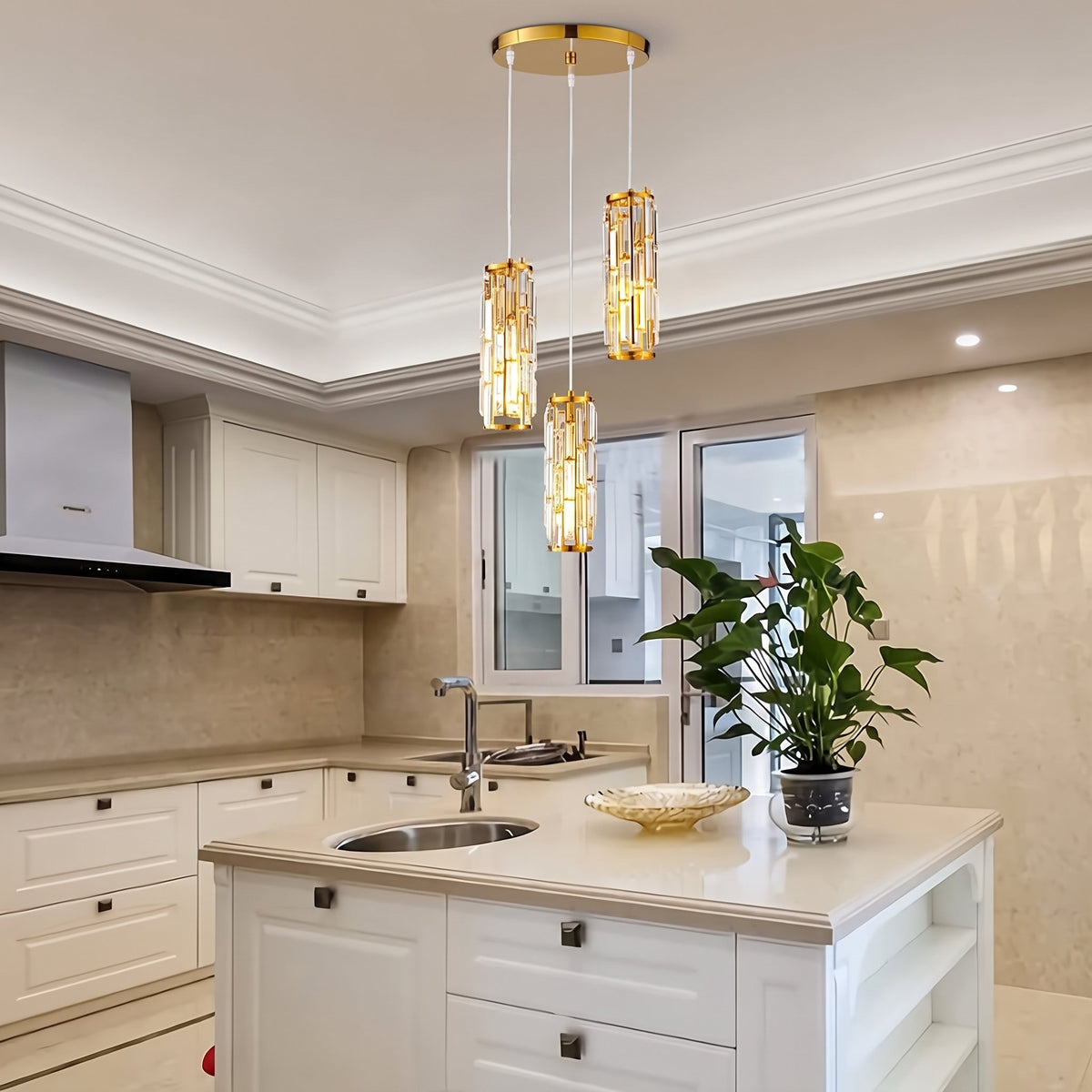 Prism Mini Pendant — gold 3-Light cluster in cream kitchen