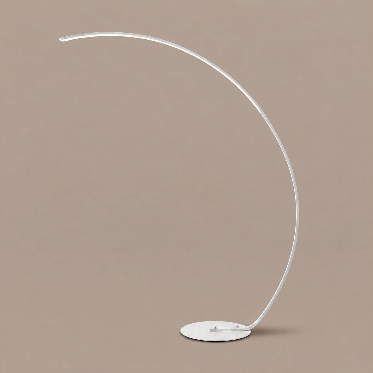Crescent Arc Floor Lamp — White hero, warm taupe background