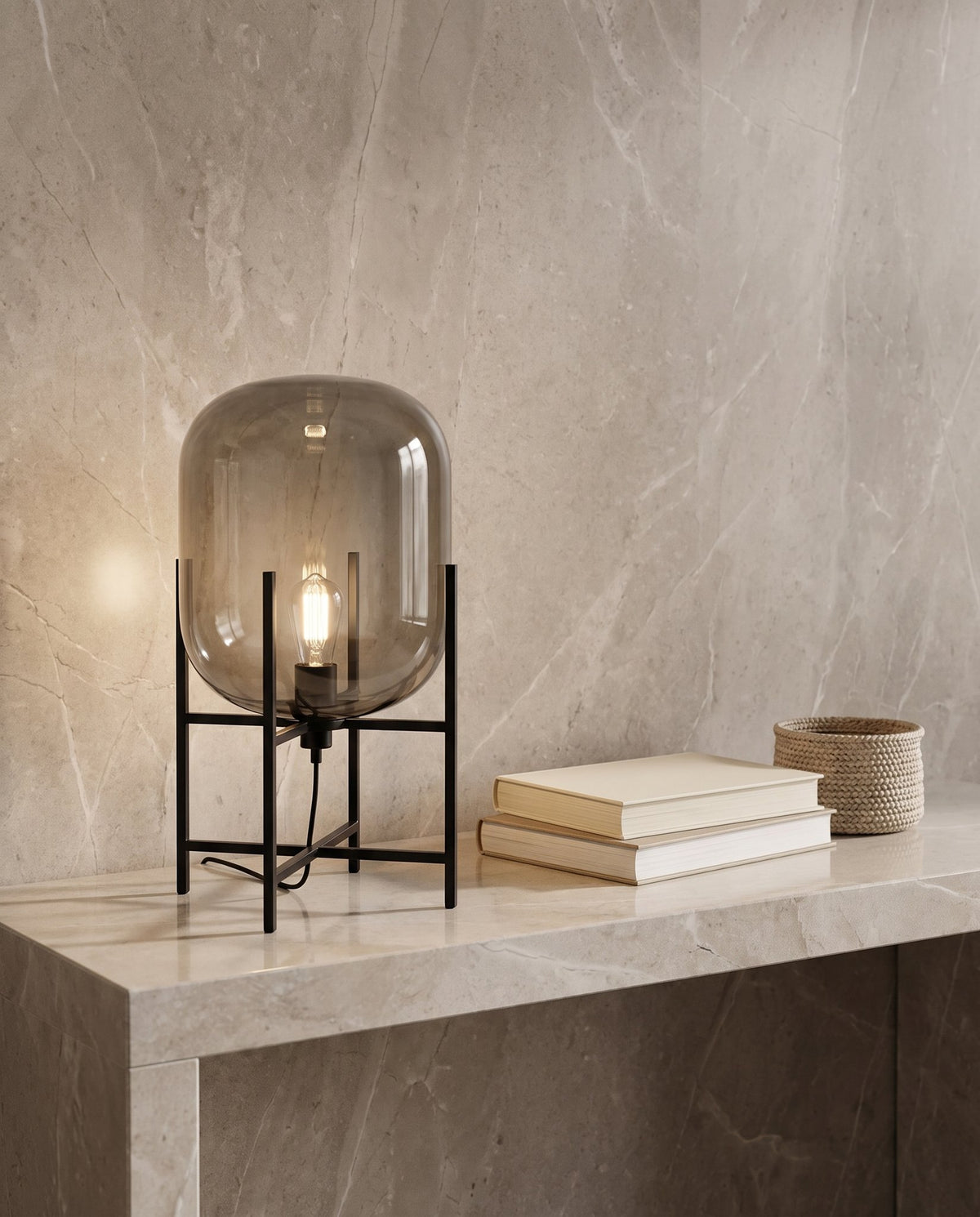Nimbus Glass Floor Lamp — Smoke Gray lifestyle, marble console