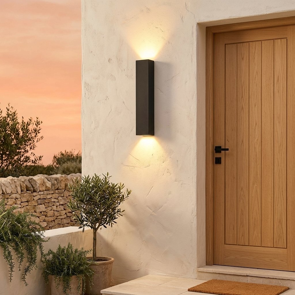 Slab Outdoor Wall Light glowing warm at golden hour on a limewashed entrance wall