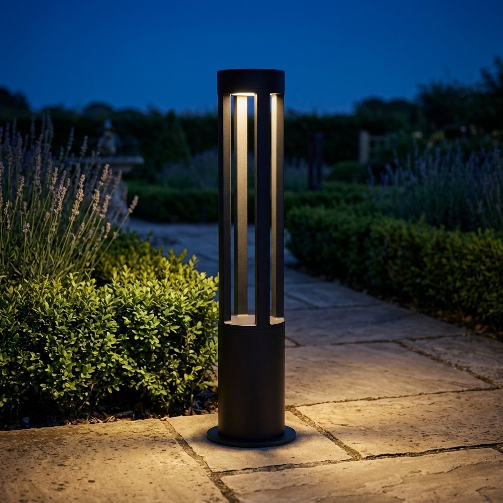 Tamsin Cylinder Bollard Light — lit on a garden path at night