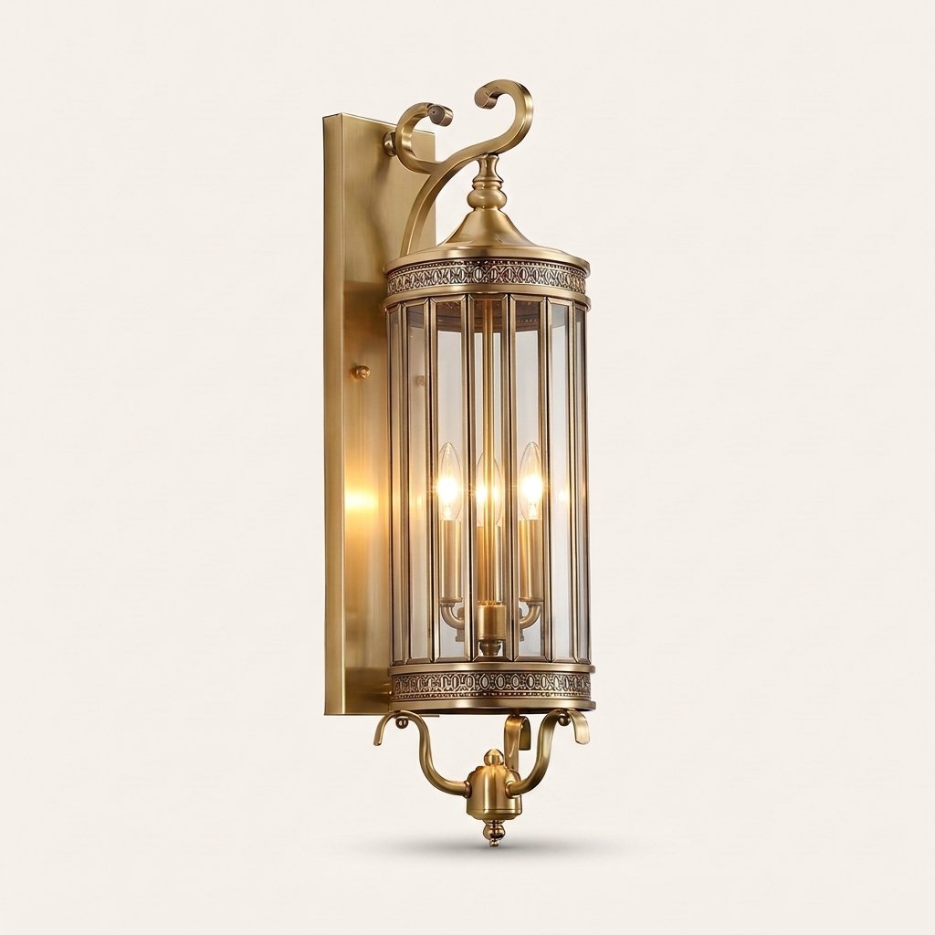 Corbel Wall Lantern — three-bulb copper wall lantern with clear glass