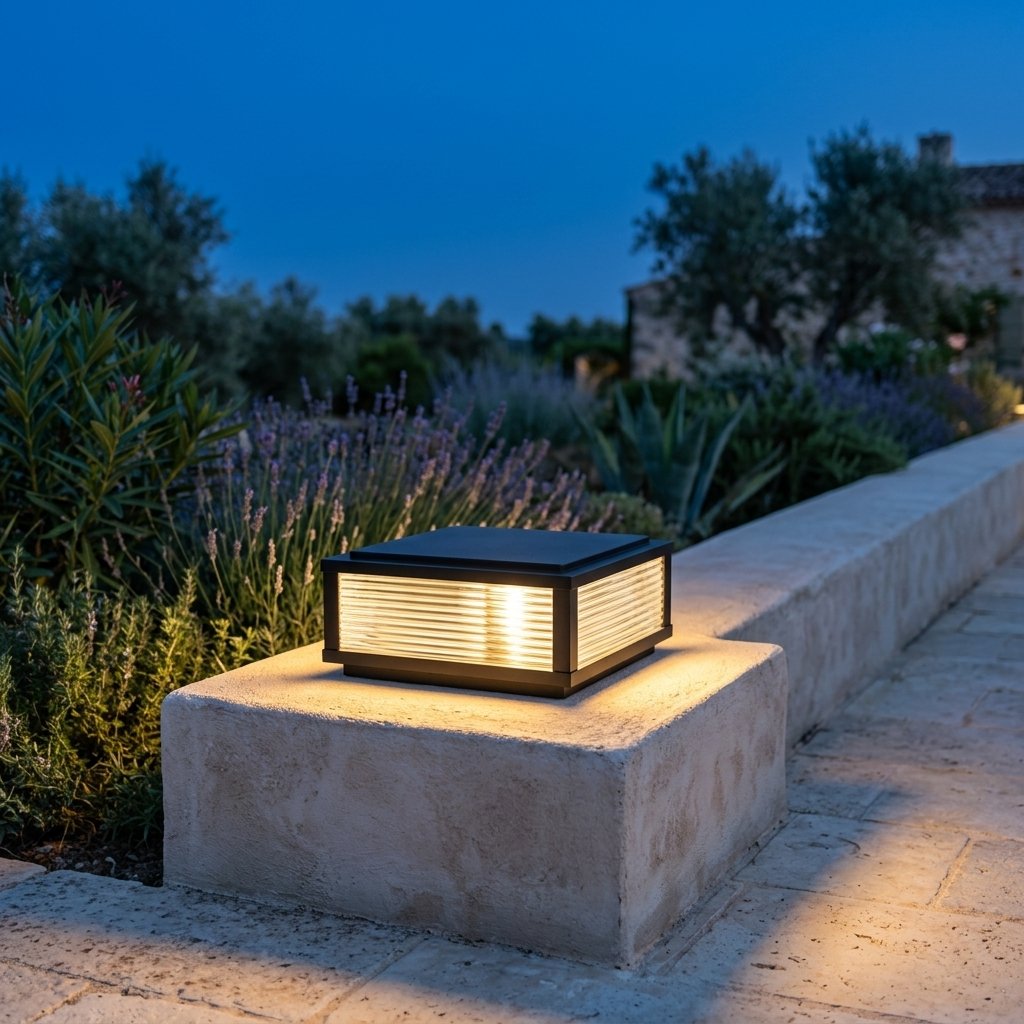 Sillar Ribbed Pillar Light — 15.7'' lit at dusk