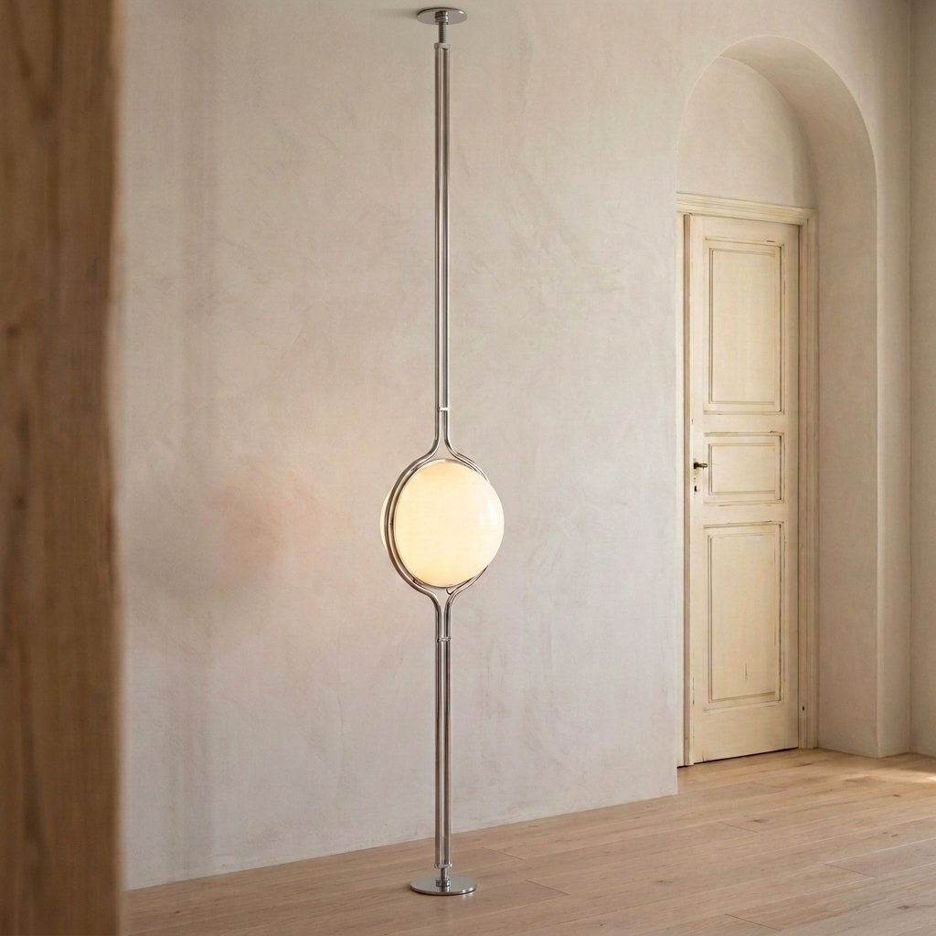 Chrome Globe Column Lamp — off-white plaster room with arched doorway