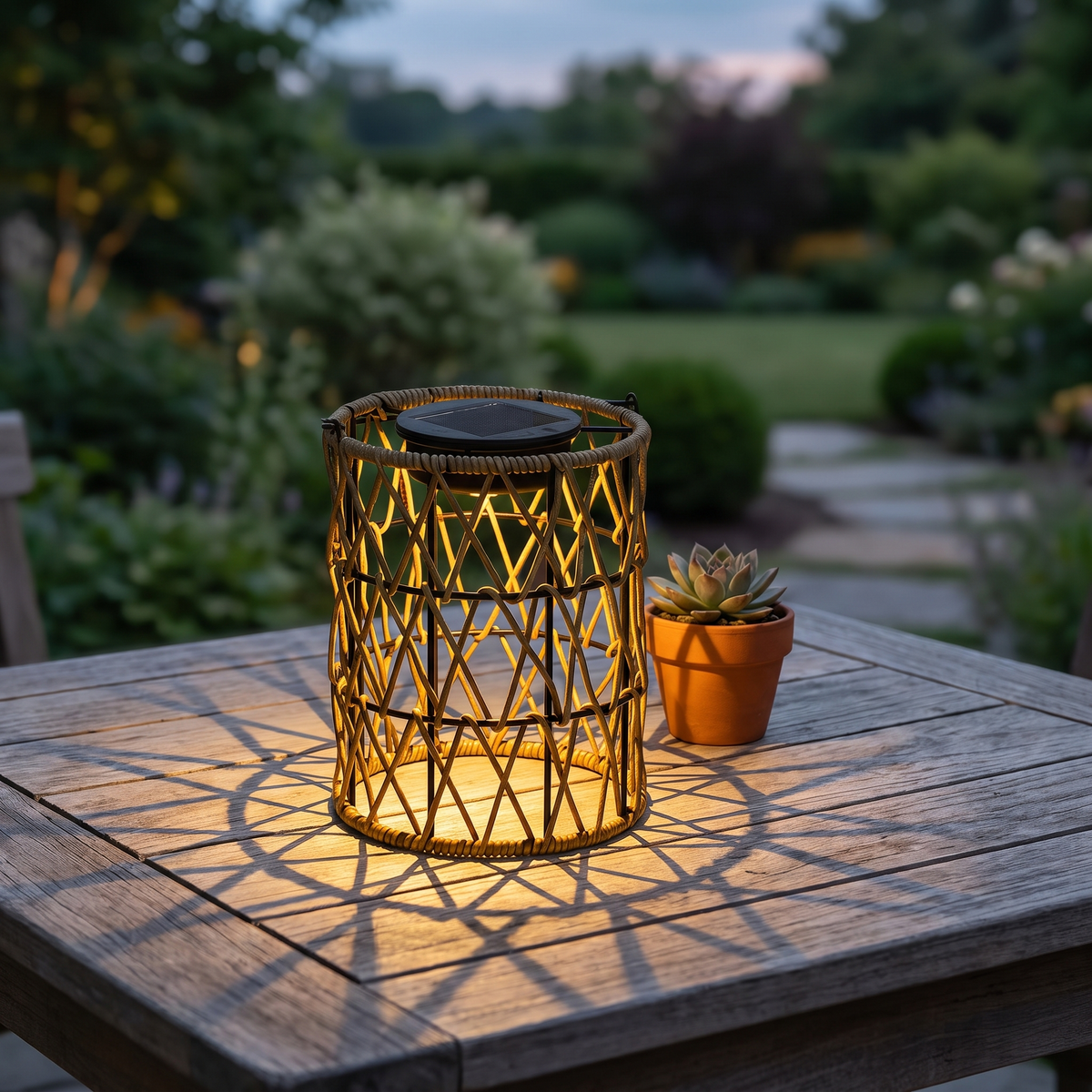 Woven Solar Lantern — garden lifestyle with criss-cross shadow pattern