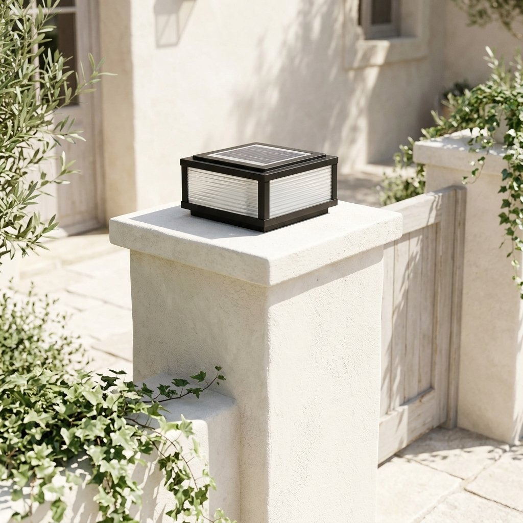 Sillar Ribbed Pillar Light — 9.8'' on a gate pier, daytime