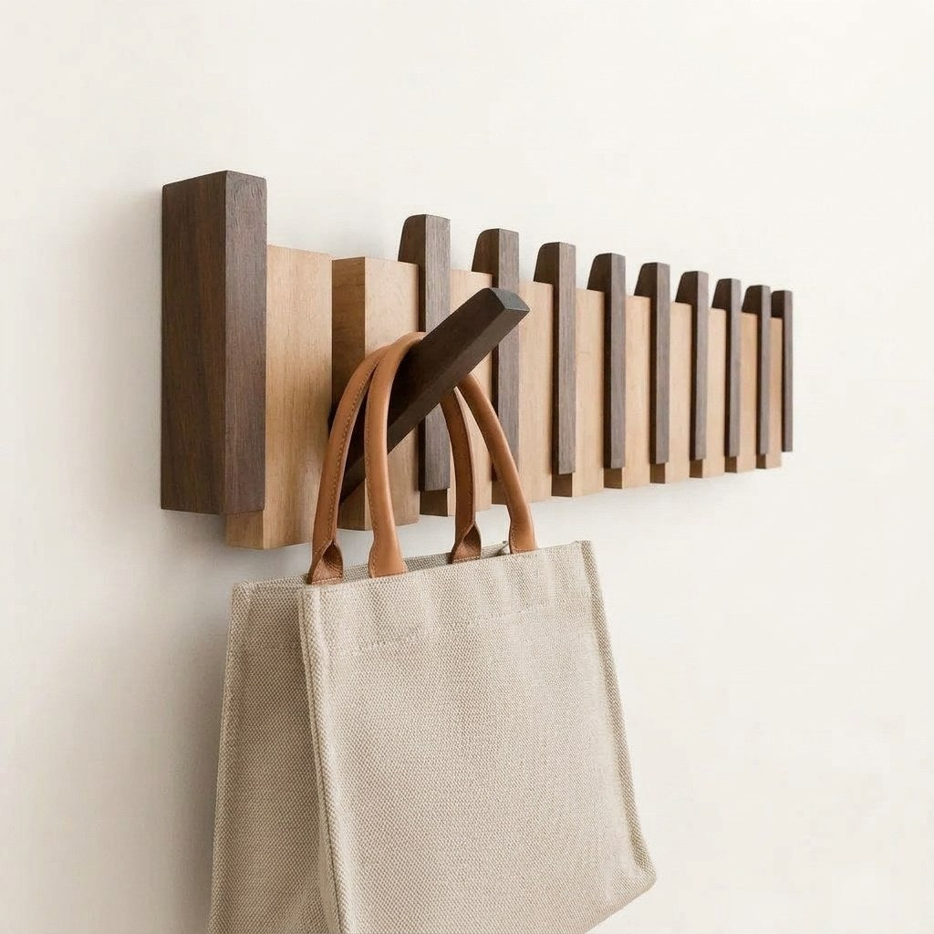 Orlo Piano Key Coat Rack — Walnut and Beech Wood with a canvas tote