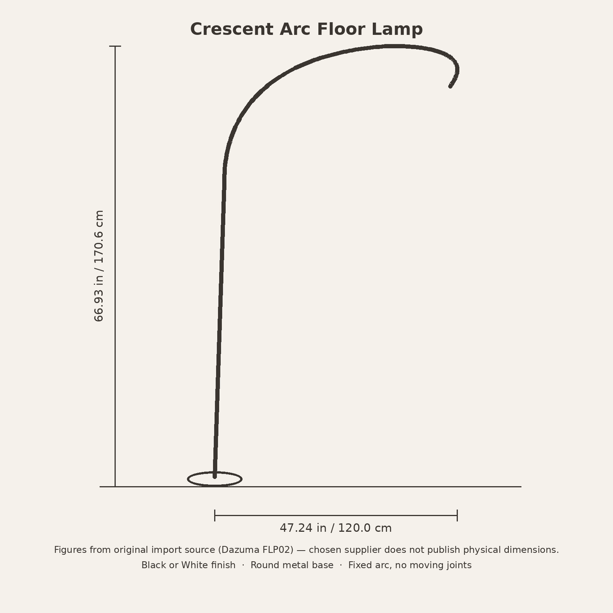Crescent Arc Floor Lamp dimensions diagram: height 66.93 in, width 47.24 in