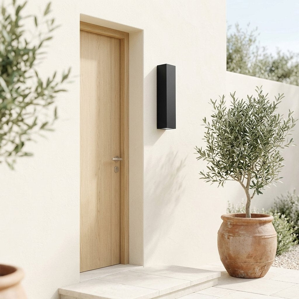 Slab Outdoor Wall Light mounted beside an oak front door on a sunlit cream wall