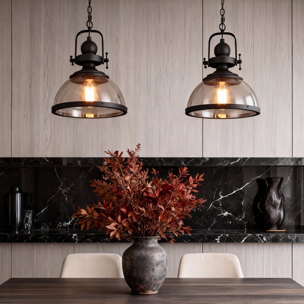 Foundry Glass Pendant — dining table with dark marble backsplash