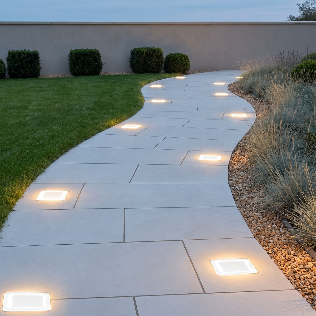 Glacier Solar Paver Light — walkway at dusk