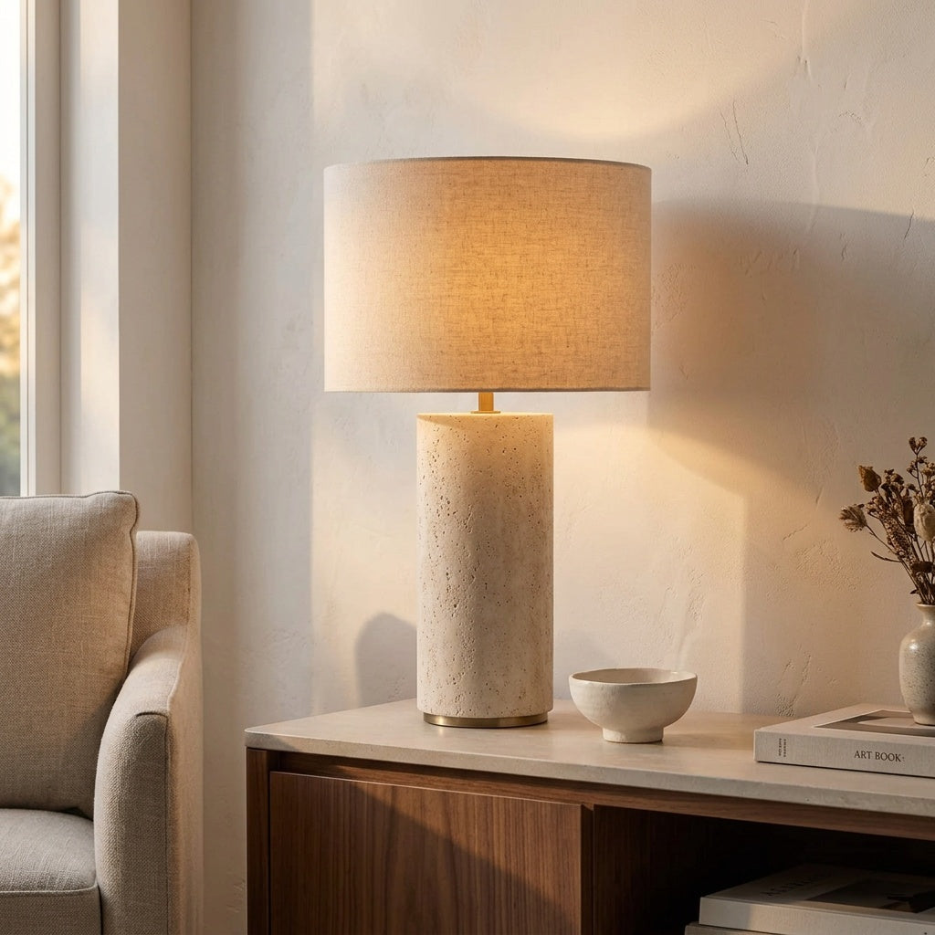 Cortona Travertine Table Lamp — cylinder style switched on in the early evening