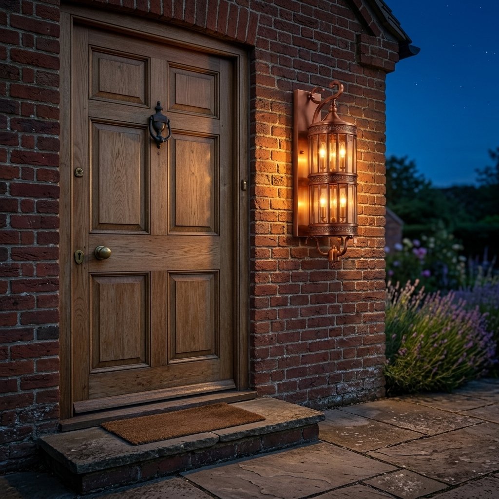 Corbel Wall Lantern — copper six-bulb lantern beside a cottage door at night