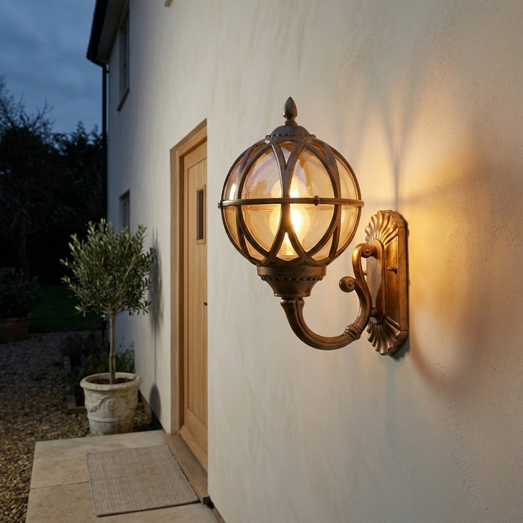 Aviary Globe Wall Lantern — Bronze lantern lit at dusk beside a front door