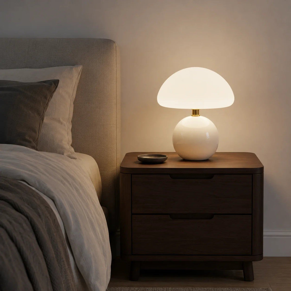 Bonbon Dome Table Lamp - White lamp on a bedside table
