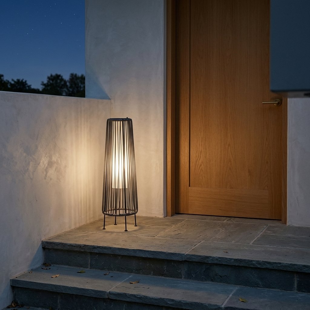 Havana Woven Floor Lantern — entrance steps at night