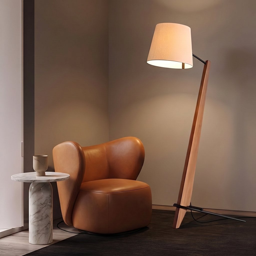 Timber Tilt Floor Lamp — living room with cognac leather chair