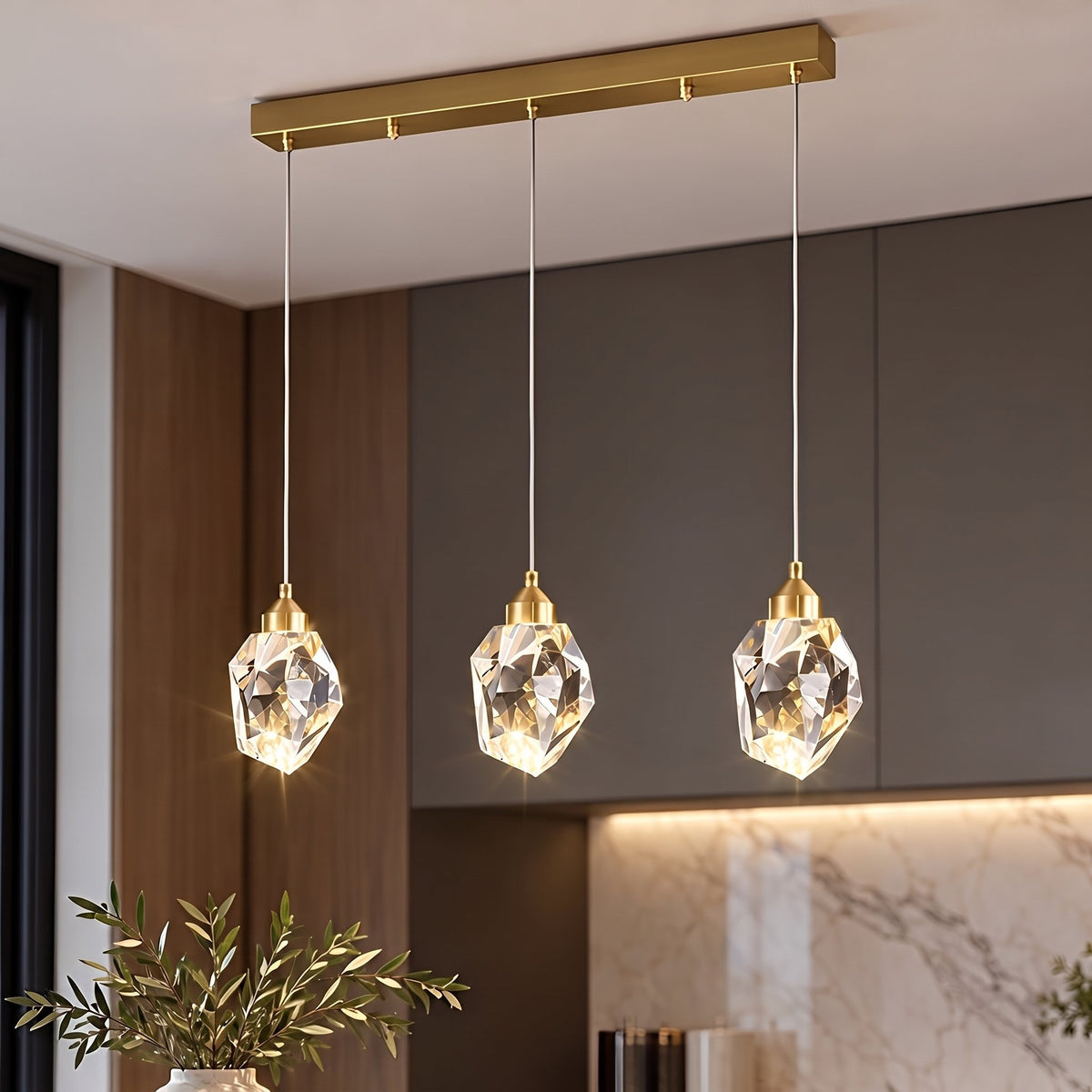 Facet Brass Crystal Pendant — rectangle 3-light kitchen lifestyle 2