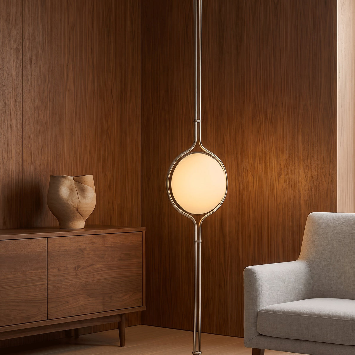 Chrome Globe Column Lamp — walnut-panelled living room with console