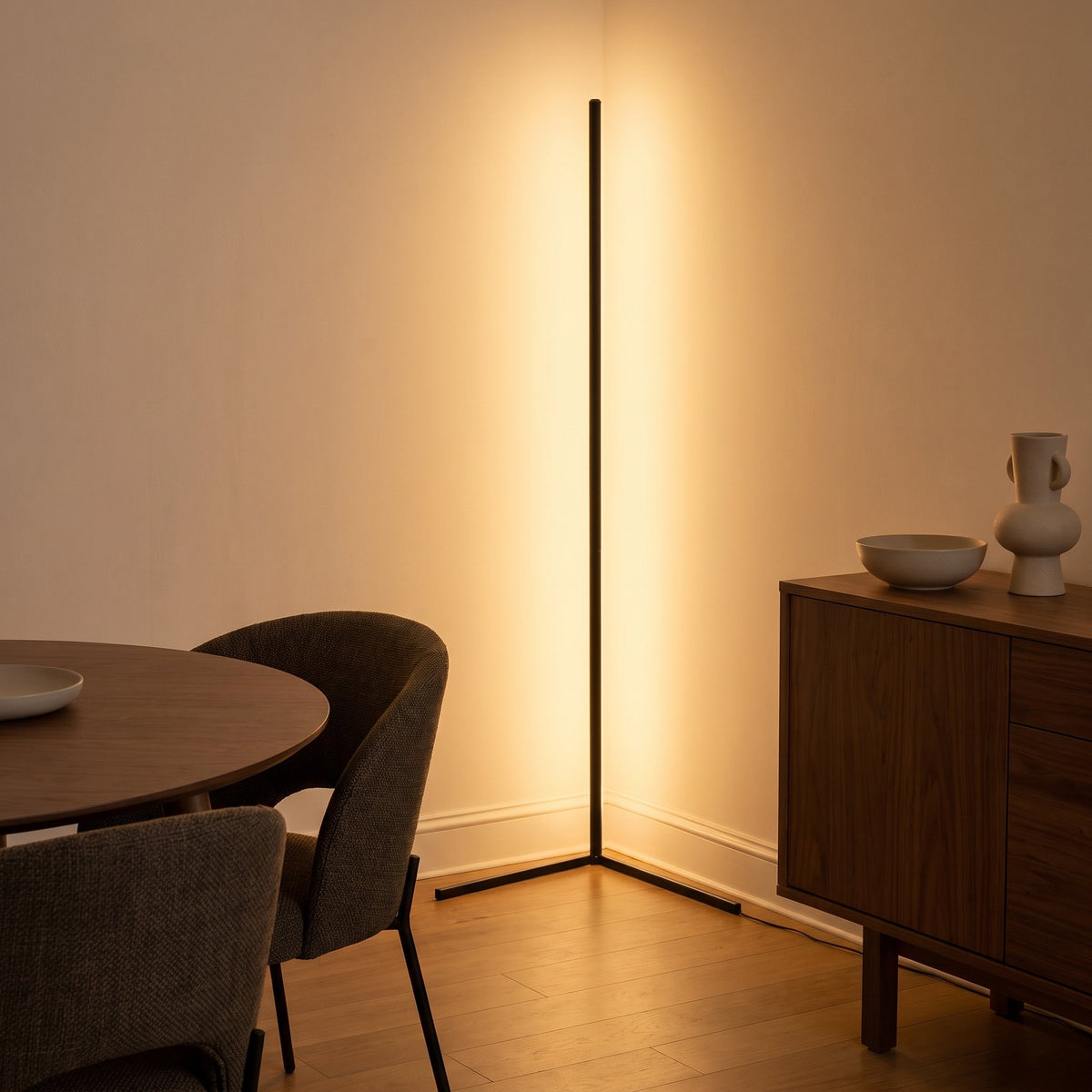 Pulse RGB Floor Lamp — warm amber corner light in dining nook
