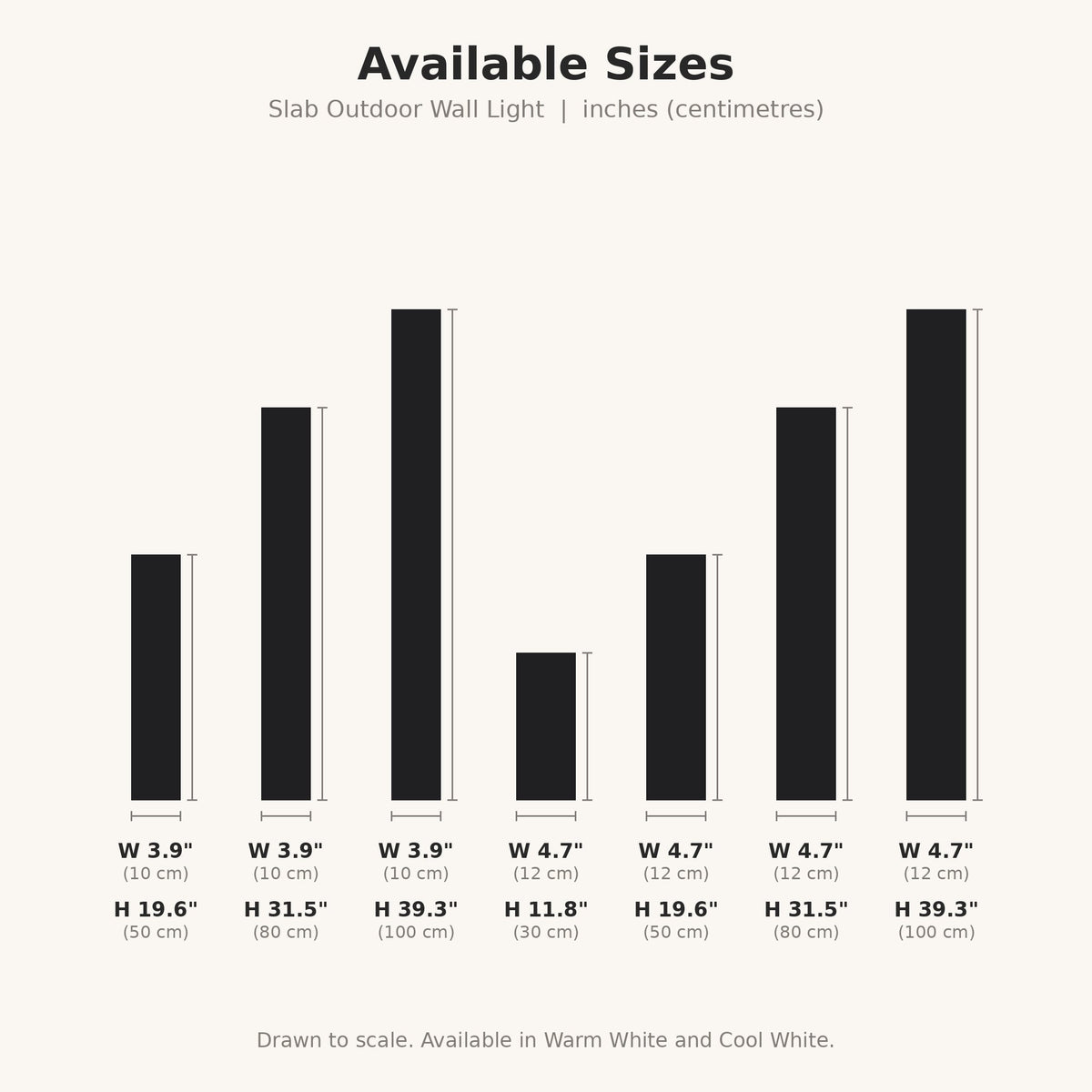 Slab Outdoor Wall Light size chart showing all 7 sizes in inches and centimeters