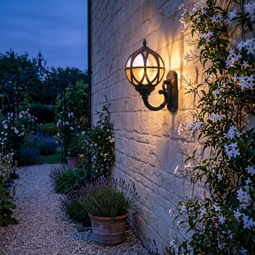 Aviary Globe Wall Lantern — Black lantern lit at dusk on a garden wall