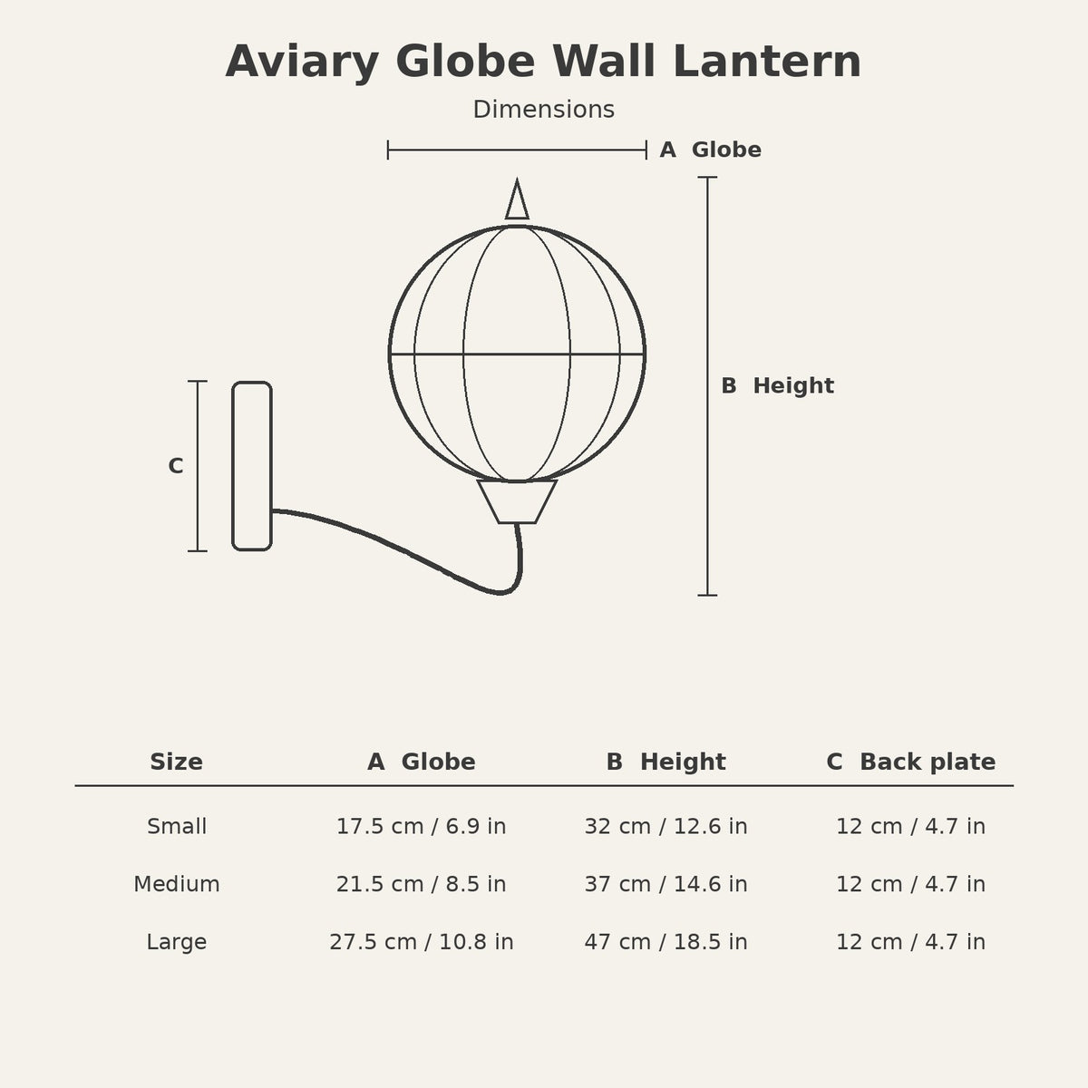 Aviary Globe Wall Lantern — dimensions for Small, Medium and Large