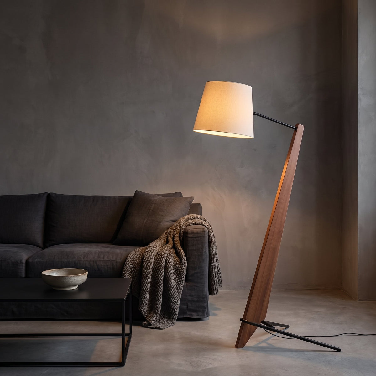 Timber Tilt Floor Lamp — dark gray living room