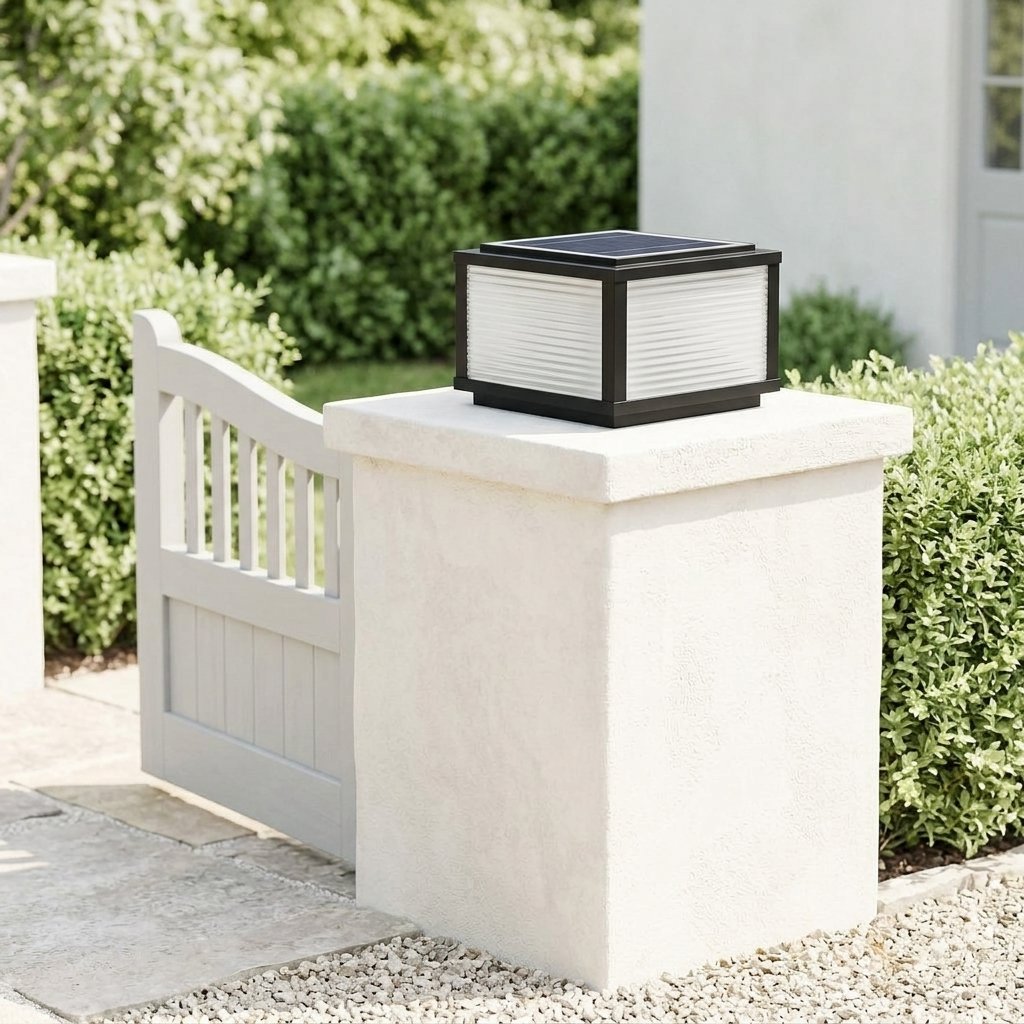 Sillar Ribbed Pillar Light — 15.7'' on a driveway pier, daytime