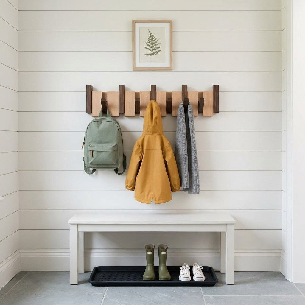 Orlo Piano Key Coat Rack — in a mudroom above a white bench with a backpack and rain jacket