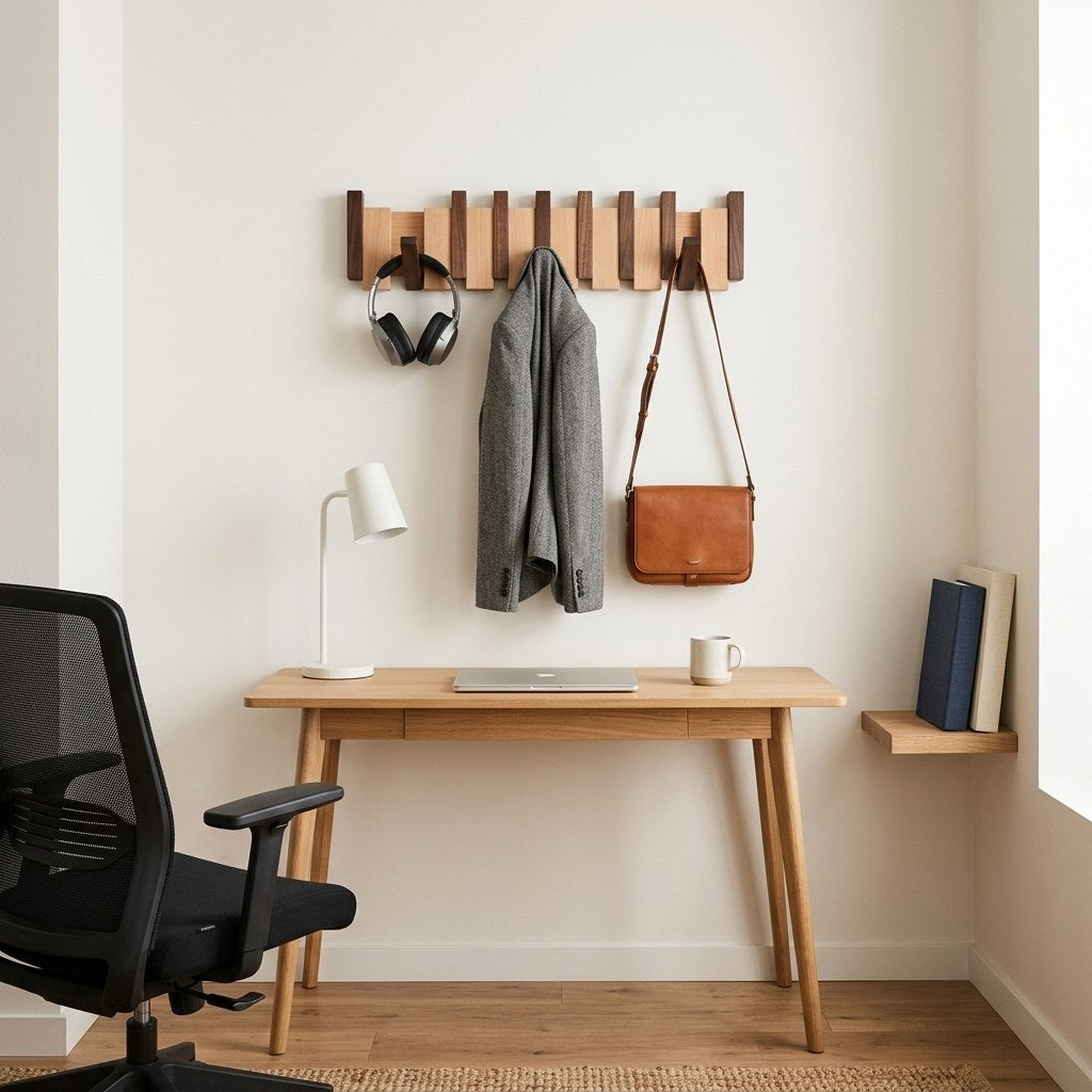 Orlo Piano Key Coat Rack — above a home office desk with headphones and a blazer