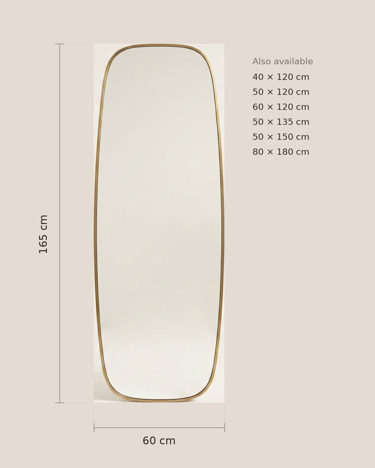 Modern Oval Full Length Wall Mirror, Slim Brass Frame — dimensioned diagram, 60 × 165 cm