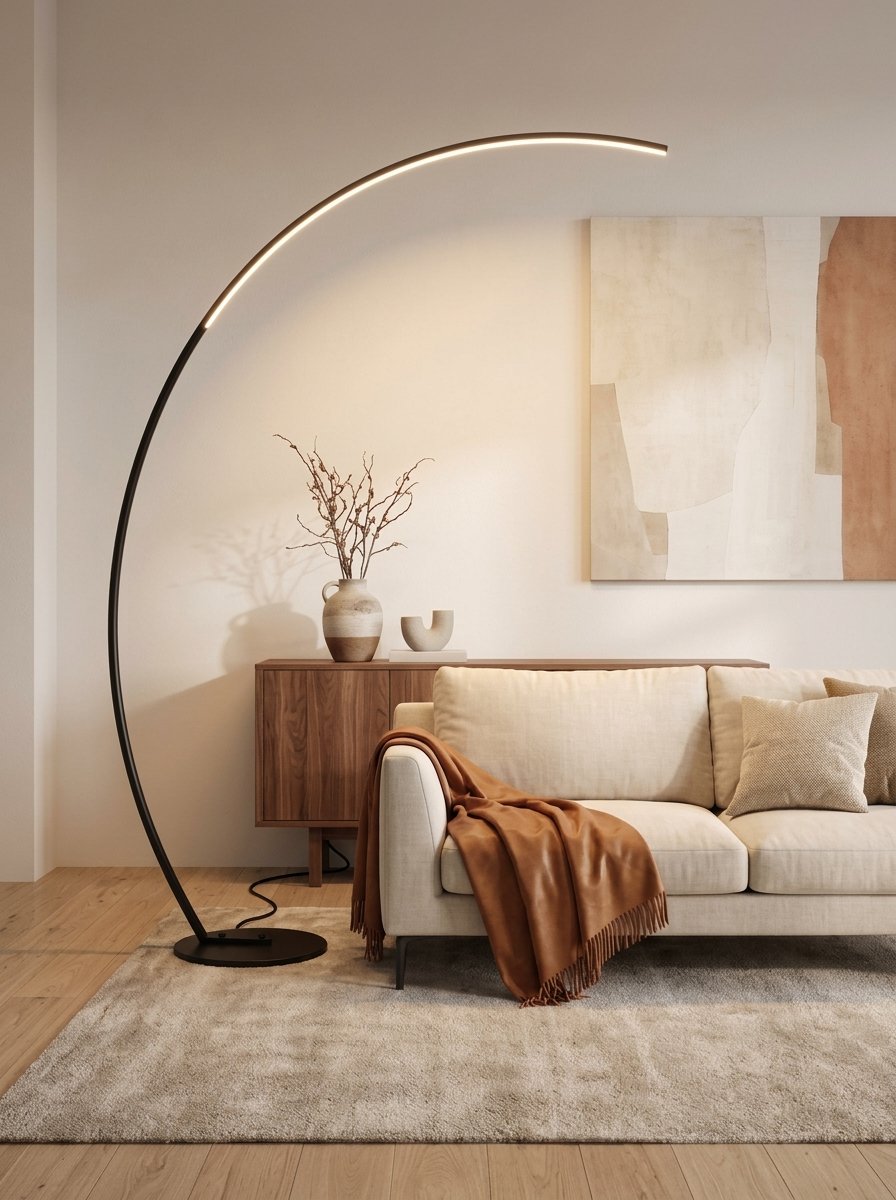 Crescent Arc Floor Lamp — Black, in a living room beside a sideboard