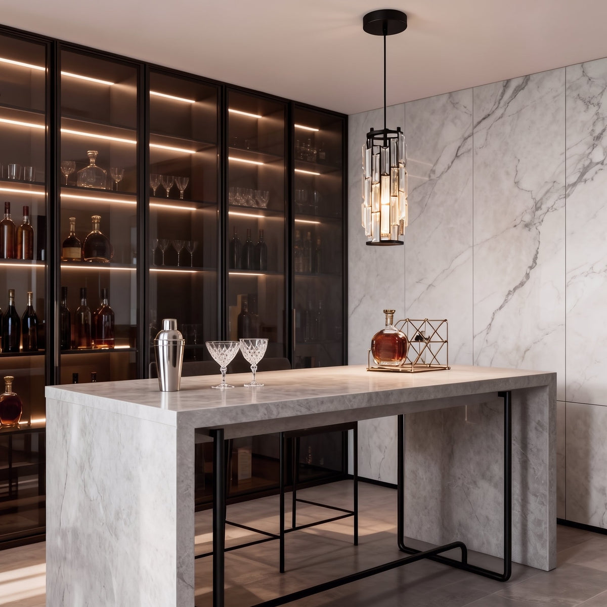 Prism Mini Pendant — black pendant over marble bar