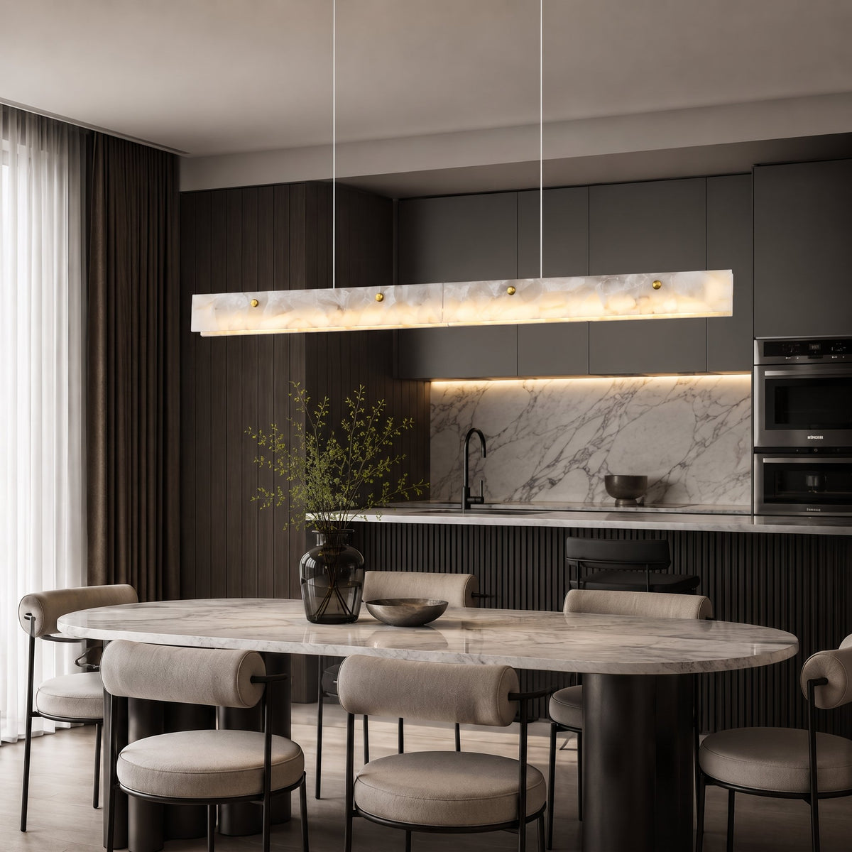 Lustra Marble Linear Pendant — modern dining lifestyle