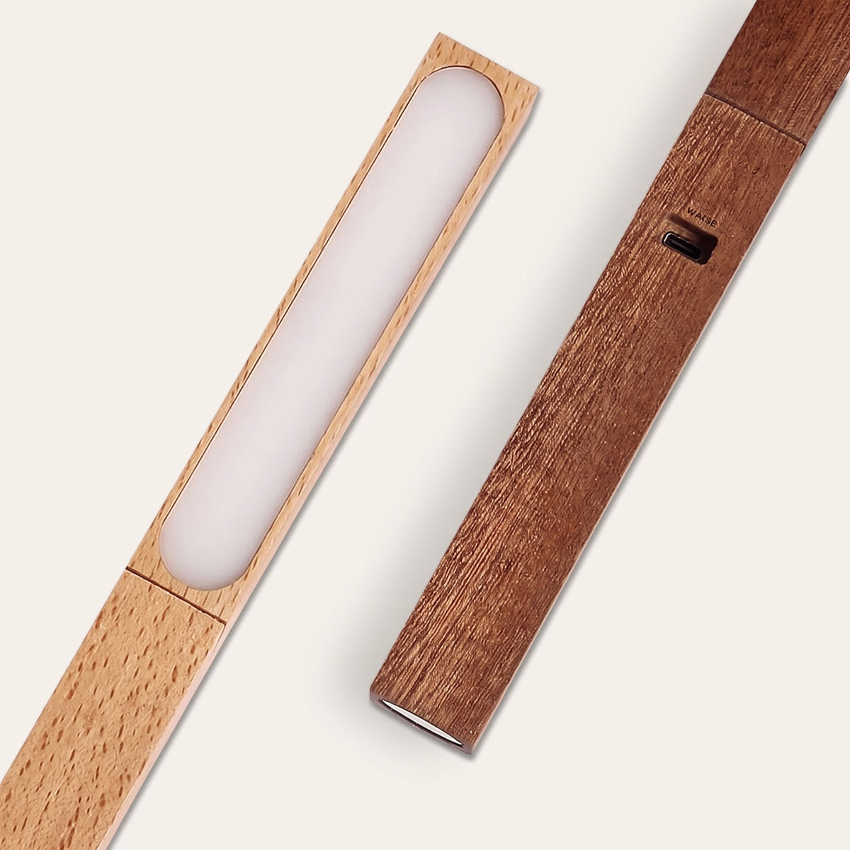 Linea Wood Strip Lamp — light strip detail, Wood and Walnut