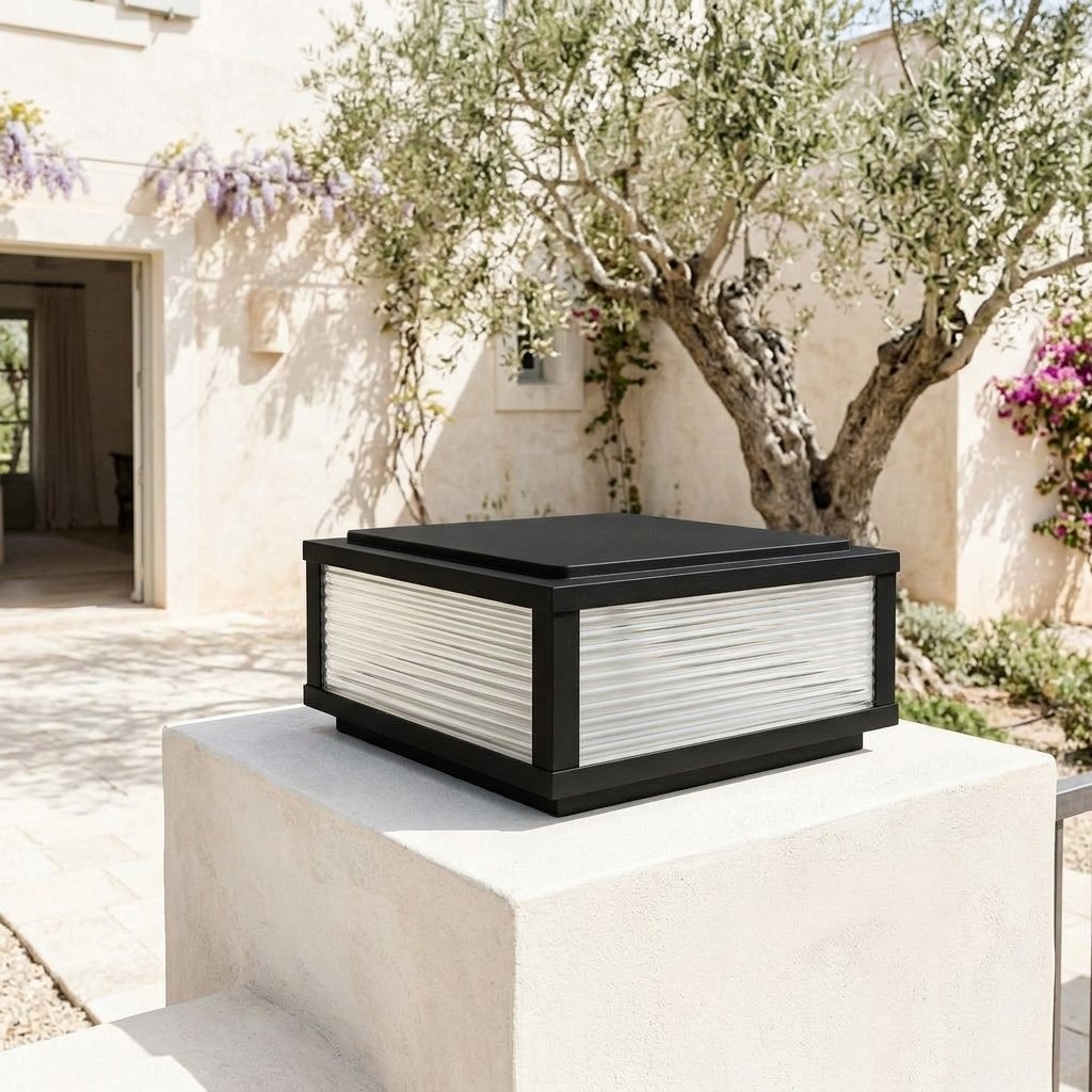 Sillar Ribbed Pillar Light — 19.7'' on a villa gate pier, daytime