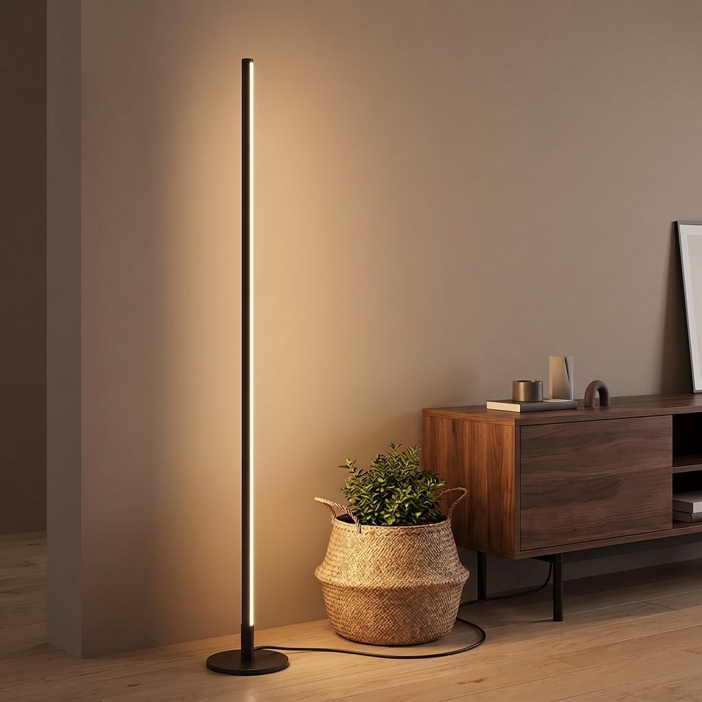 Stelo Slim Floor Lamp — living room with walnut console at dusk