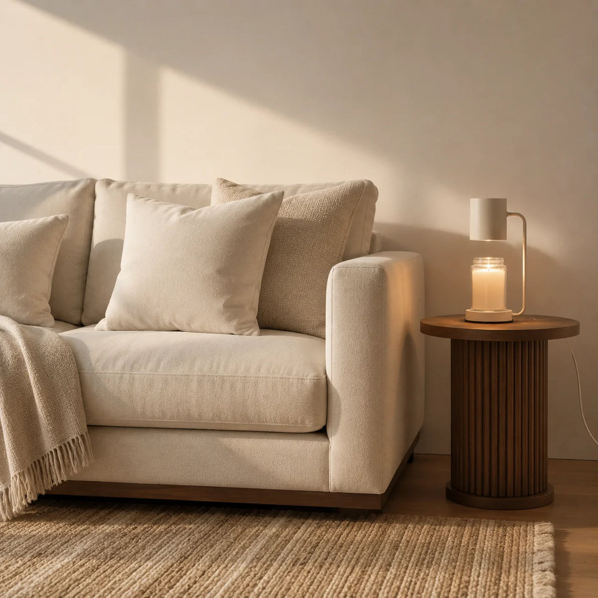 Ember candle warmer lamp in white beside a sofa at dusk