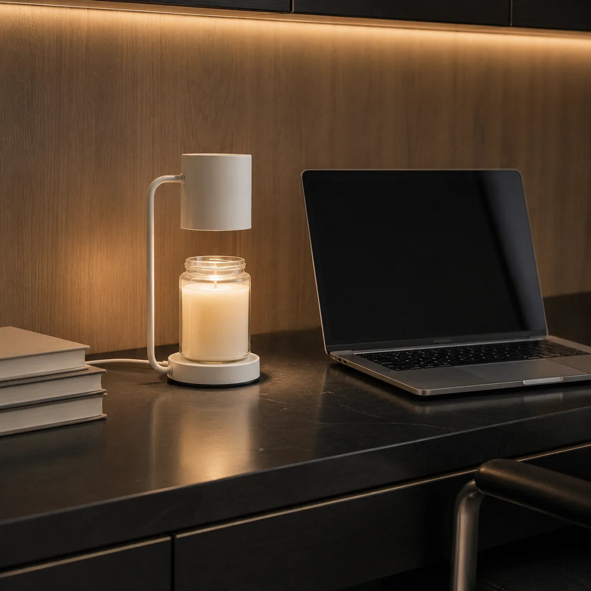 Ember candle warmer lamp in white on a dark desk next to a laptop