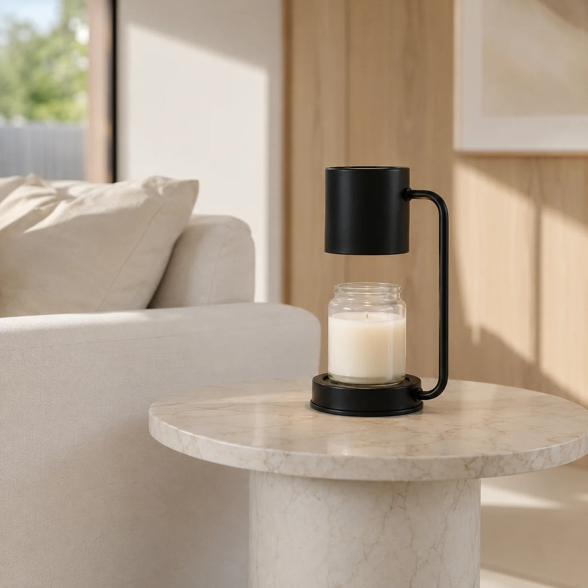 Ember candle warmer lamp in black on a marble side table by a sofa