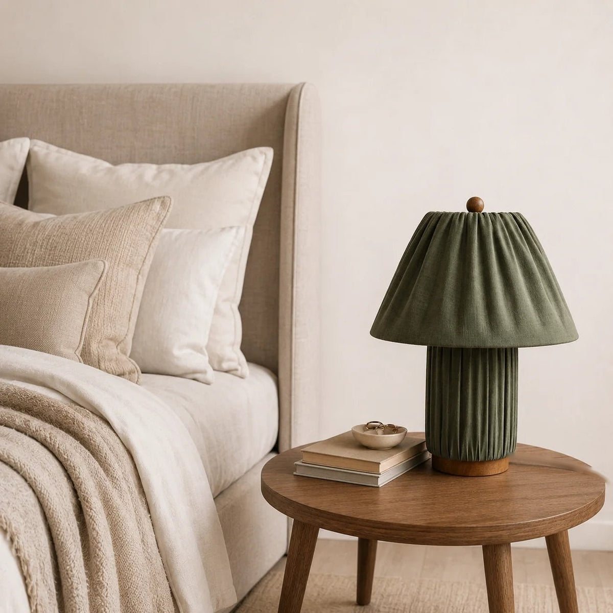 Plisse Fabric Table Lamp — Green, on a bedside table