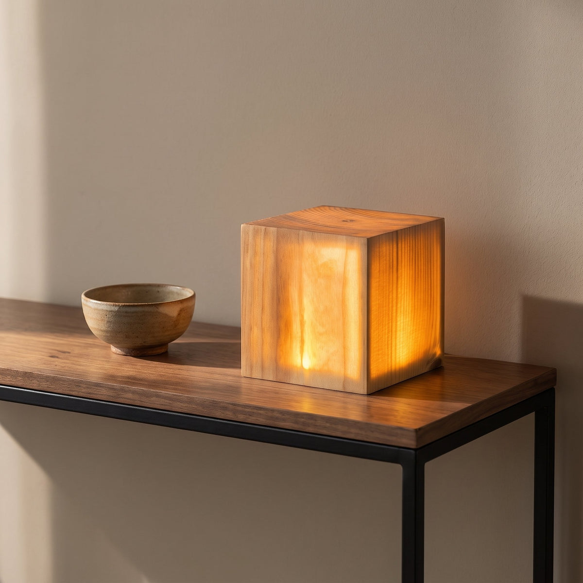 Grove Cube Lamp — cube on walnut console