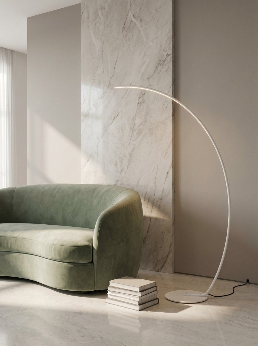 Crescent Arc Floor Lamp — White, in a living room near a marble wall