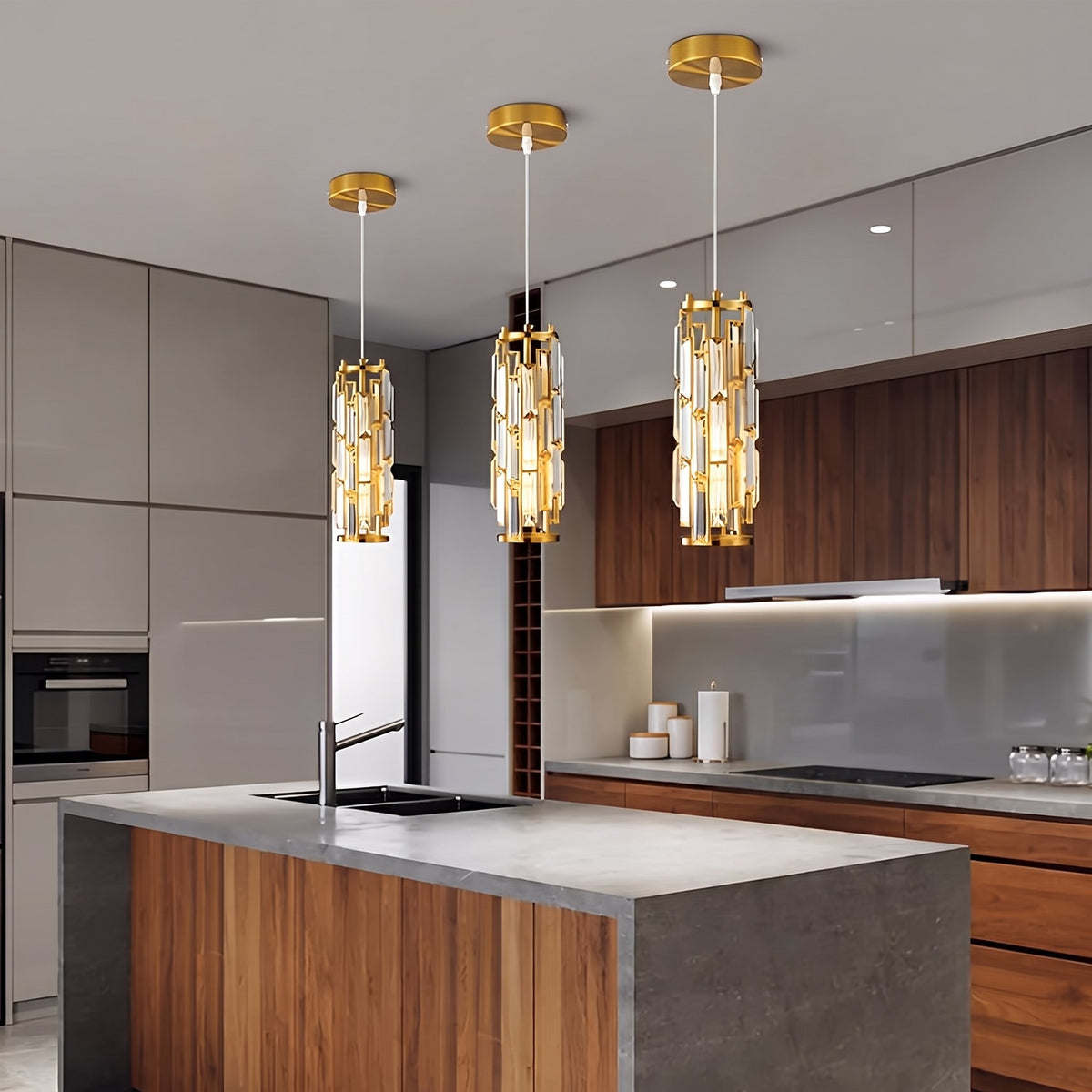 Prism Mini Pendant — gold pendants over gray kitchen island
