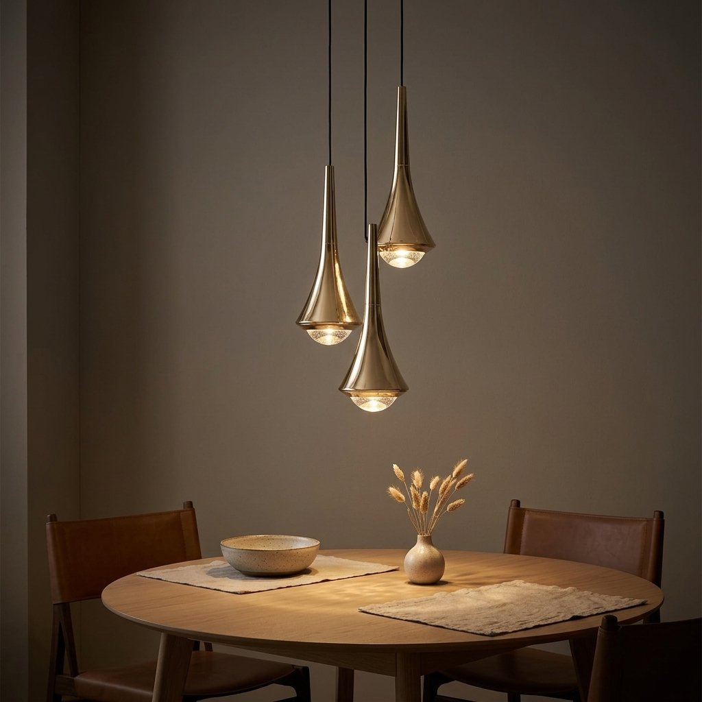 Teardrop Mini Pendant — Gold pendants over a round dining table at dusk