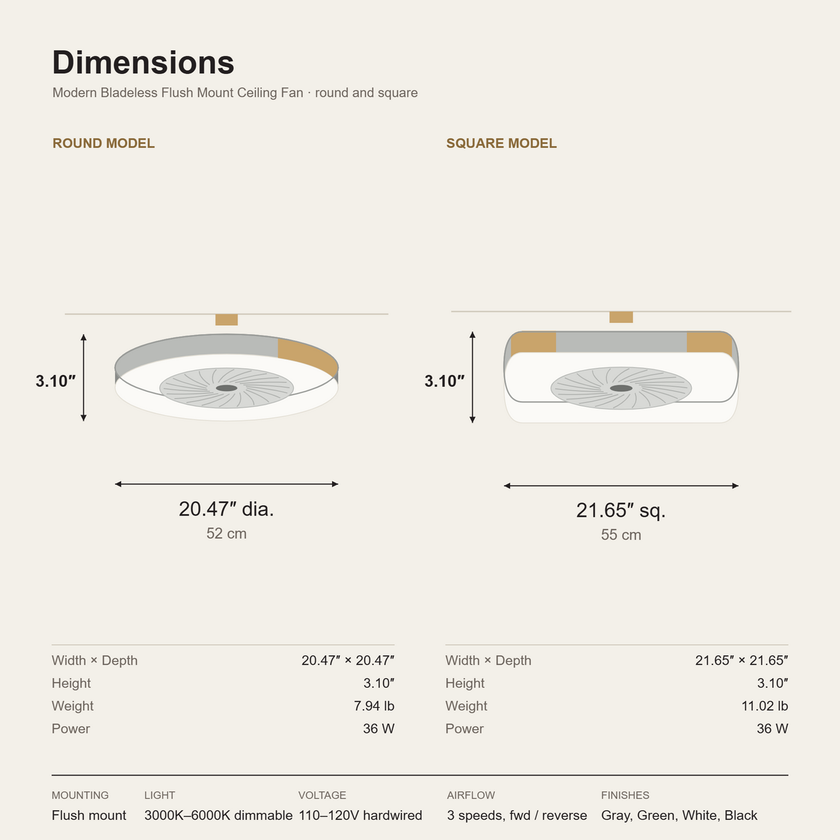 Bladeless flush mount ceiling fan dimensions diagram - round 52 cm and square 55 cm
