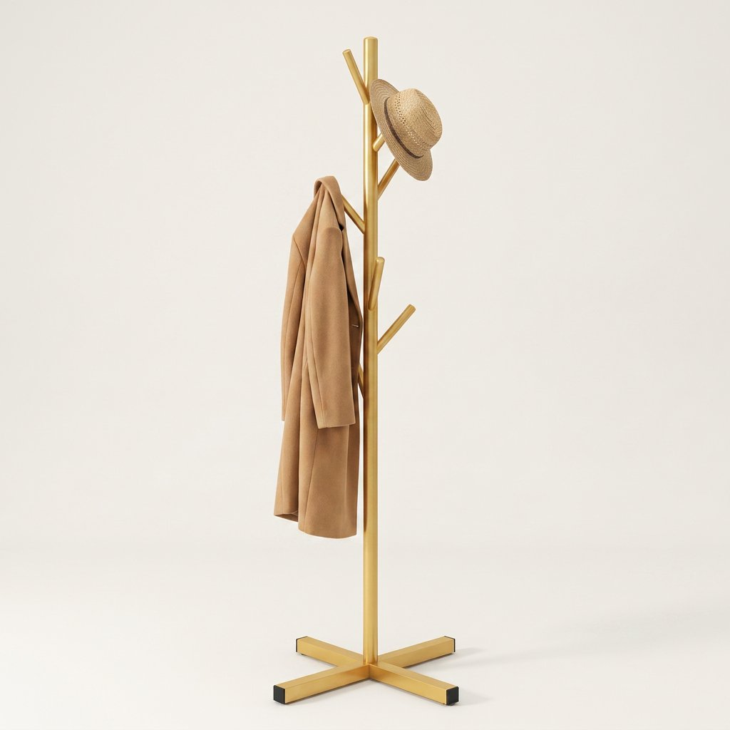 Branch Coat Stand — Gold with camel coat and straw hat