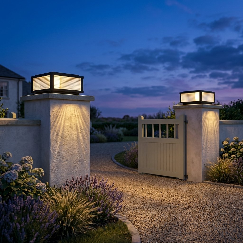 Sillar Ribbed Pillar Light — 11.8'' lit at dusk